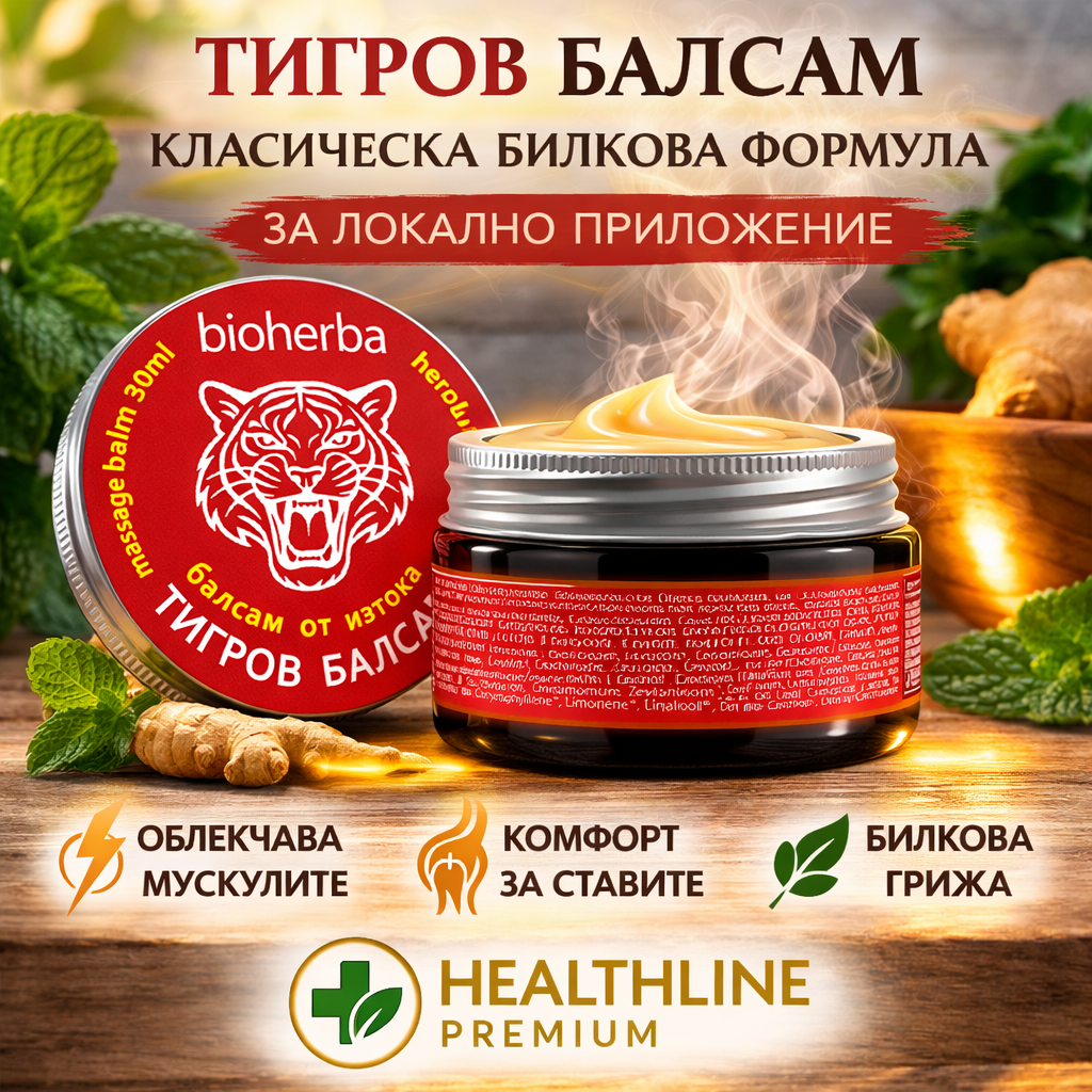 Тигров Балсам Bioherba – Загряващ масажен балсам с билкови масла за мускули, стави и облекчаване на напрежението | 30 мл