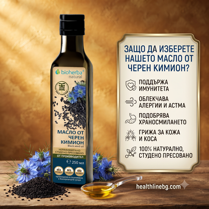 Масло от Черен кимион (Nigella Sativa) – Студено пресовано, Bioherba, 250 мл