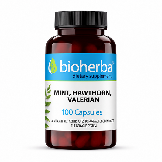 МЕНТА, ГЛОГ, ВАЛЕРИАНА + ВИТАМИН B12 (250 mg, 100 капсули) – Bioherba
