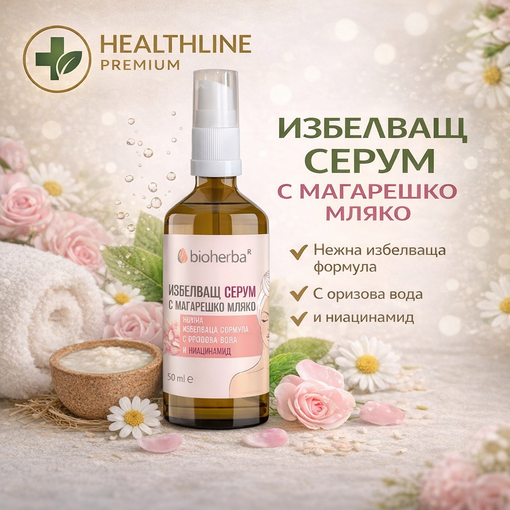 Избелващ серум с магарешко мляко Bioherba – с оризова вода и ниацинамид за сияйна и изравнена кожа (50 ml)