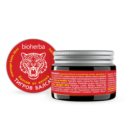 Тигров Балсам Bioherba – Загряващ масажен балсам с билкови масла за мускули, стави и облекчаване на напрежението | 30 мл