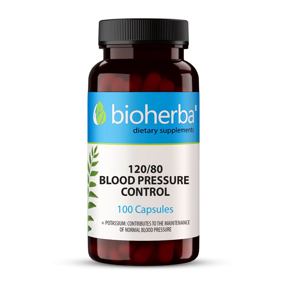 120/80 Blood Pressure Control Bioherba – Натурална формула за поддържане на нормално кръвно налягане с калий | 100 капсули